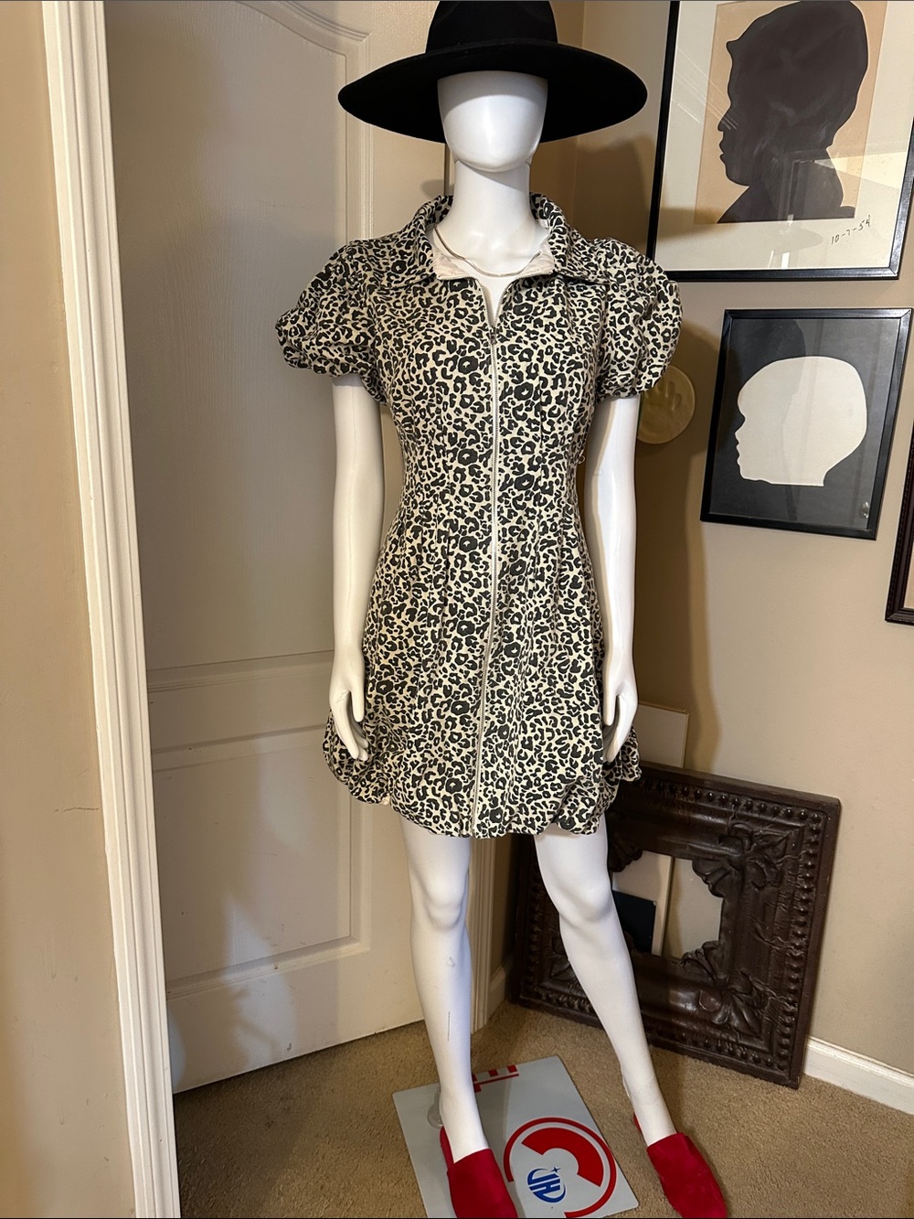 Leopard Print Zip-Front Mini Dress in Beige and Black by GEEGEE